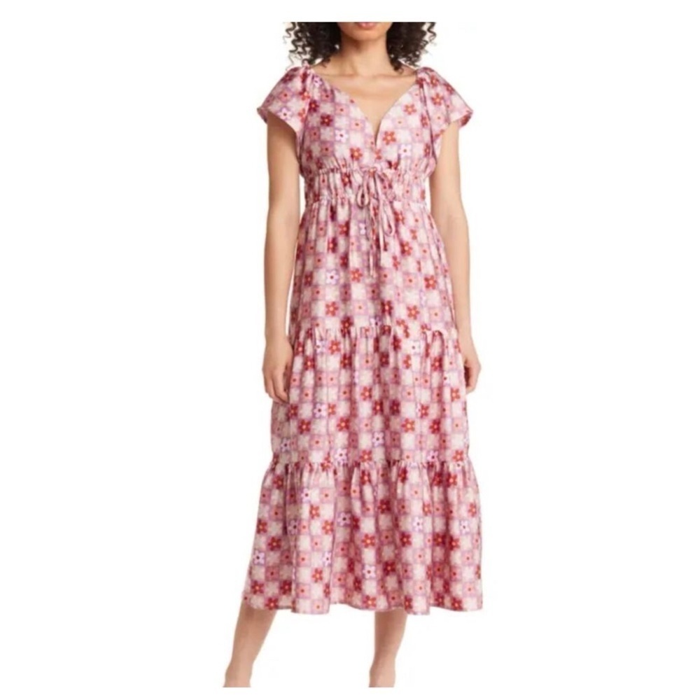 BTFL-Life | Feminine Pop-Art Florian Midi Dress Pink Tiered Flutter Sleeves | L
